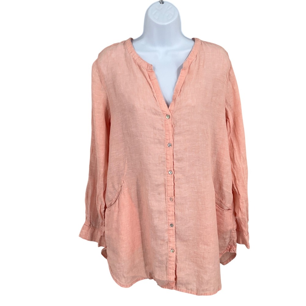 Sigrid Olsen Tunic Top Womens Sz M Peach‎ 100% Linen Button Coastal Breathable